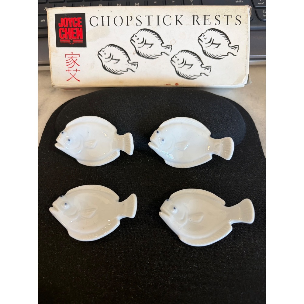 Vintage Joyce Chen White Porcelain Fish Chopstick Rests Set 4 Made in Japan